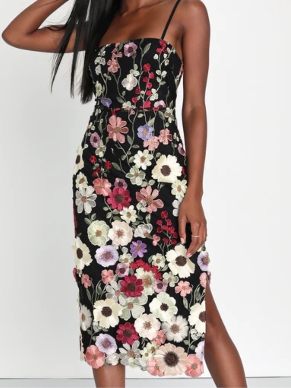 Lulus 3D Floral Embroidered Black Midi Dress - Picture 3 of 4